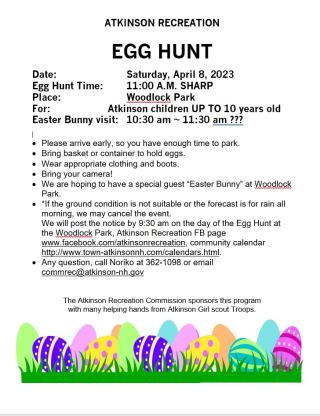 Egg Hunt Sat. April 8th 11 am at Woodlock Park